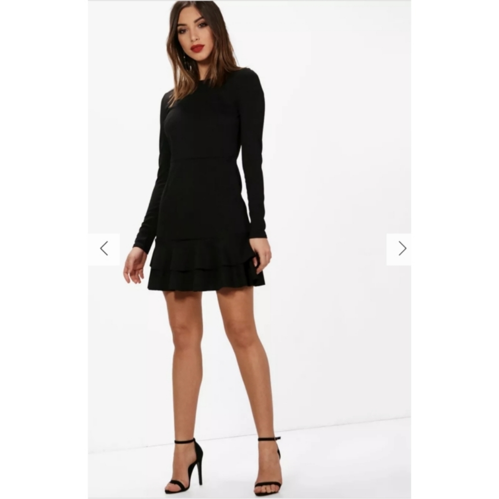 NWT Boohoo Ruffle Hem Long Sleeve Mini Dress Black - 6
